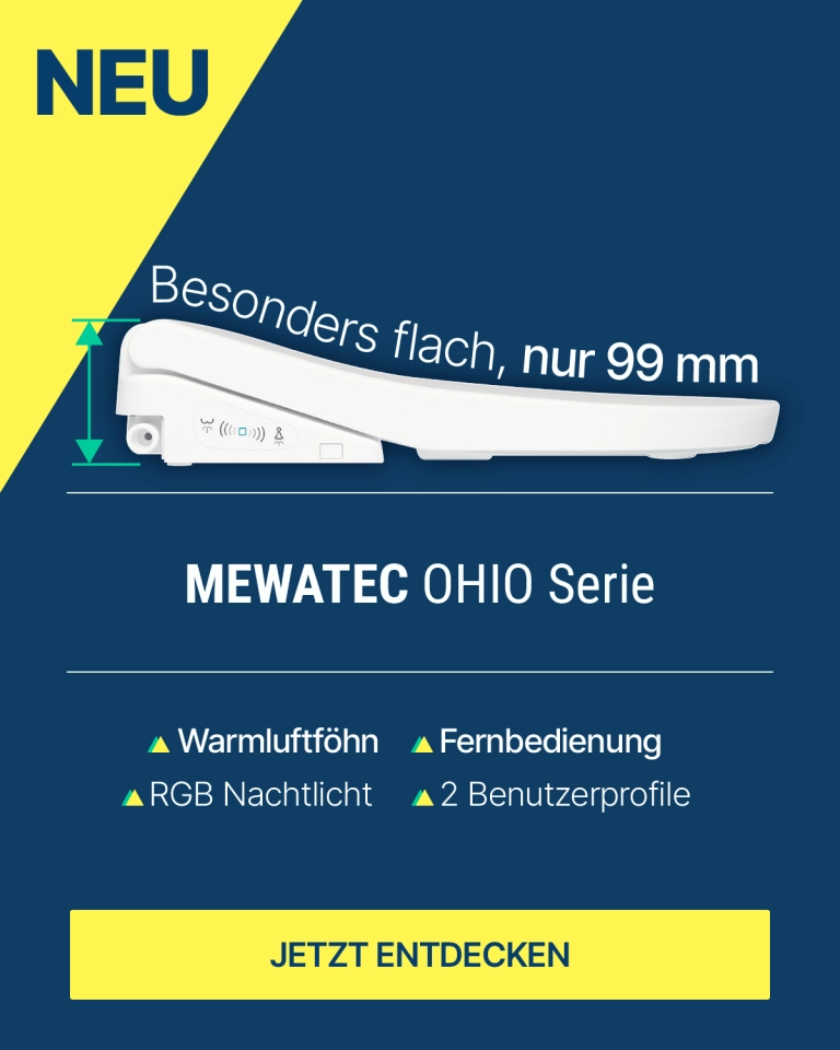 MEWATEC OHIO Serie. Superflache Dusch-WC-Aufsätze mit nur 99mm Bauhöhe. Nachtlicht, Heißwasser-Duscharm-Reinigung, Fernbedienung u.v.m.