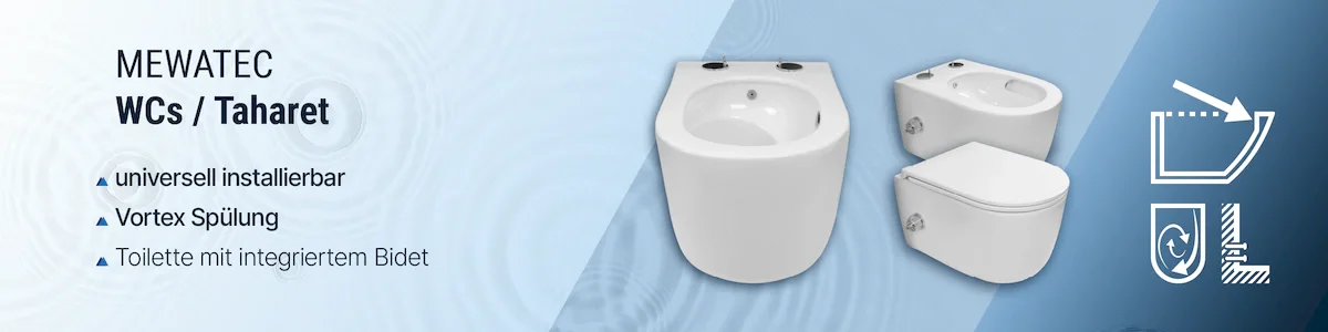 WCs und Taharets mit fortschrittlicher Vortextspülung und Taharets von MEWATEC