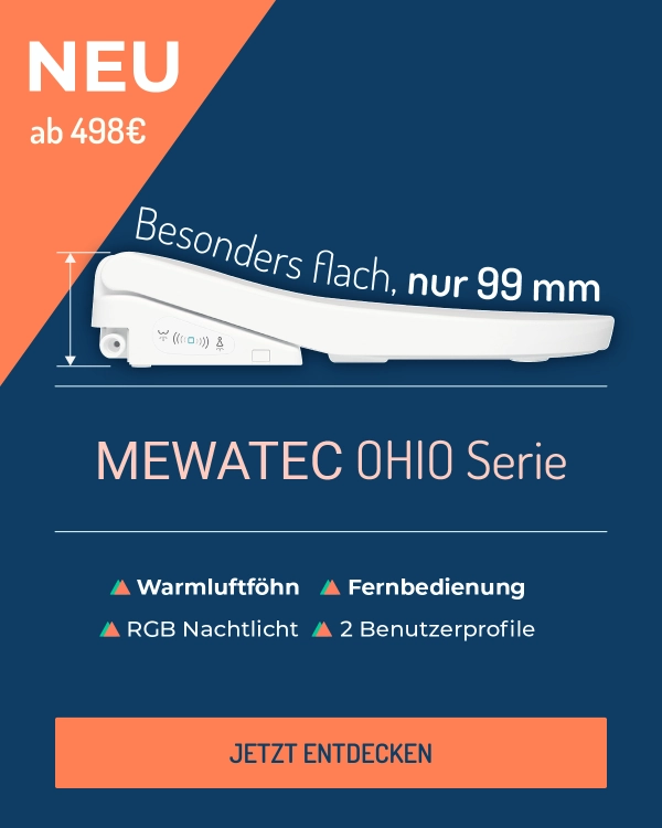 MEWATEC OHIO Serie. Superflache Dusch-WC-Aufsätze mit nur 99mm Bauhöhe. Nachtlicht, Heißwasser-Duscharm-Reinigung, Fernbedienung u.v.m.